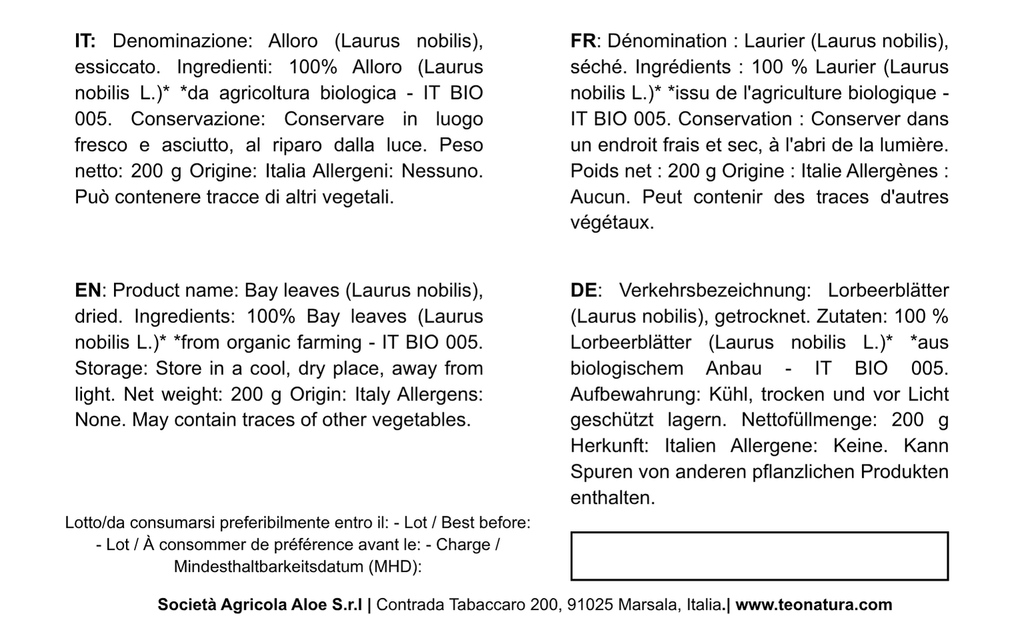 Foglie di Alloro Essiccato Biologico 200 gr
