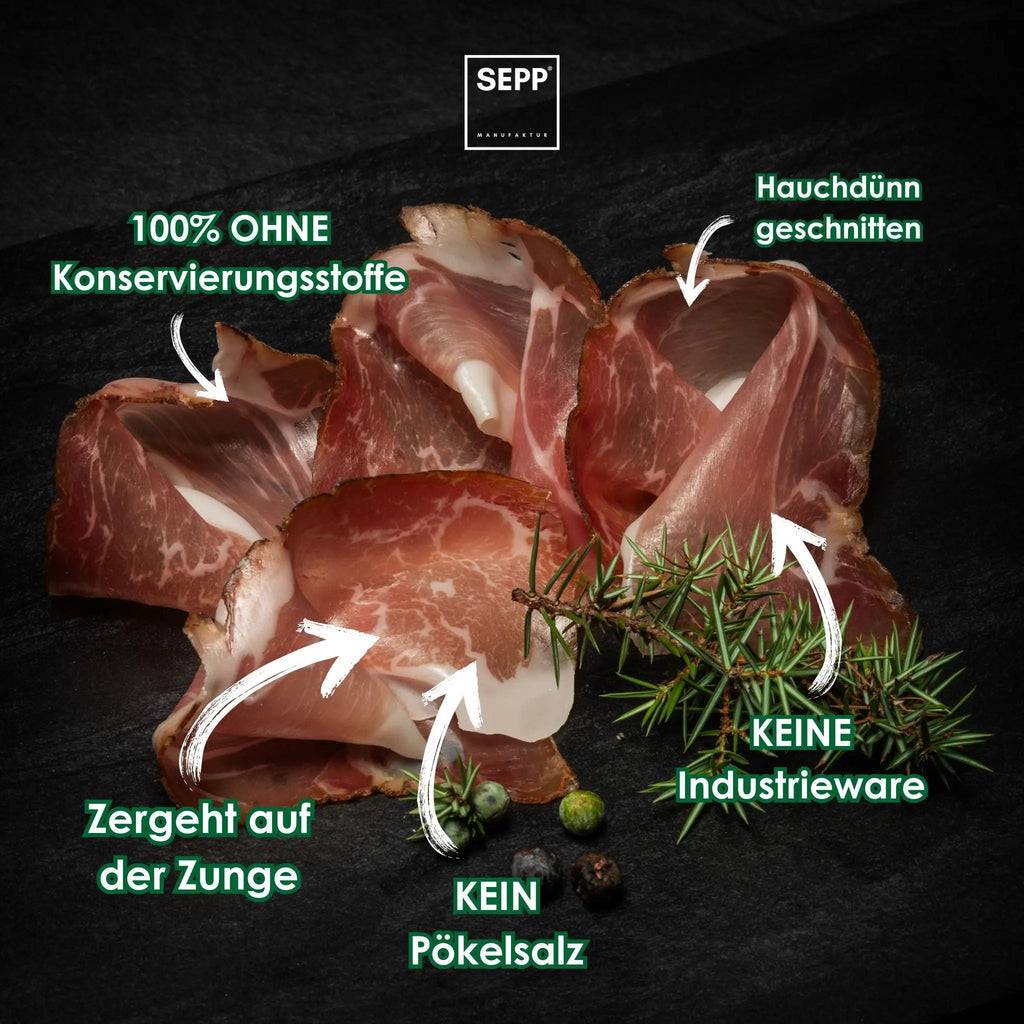 SEPP' Südtiroler Speck g.g.A. - 'Fein geschnitten' ohne Pökelsalz & ohne Zuckerzusatz