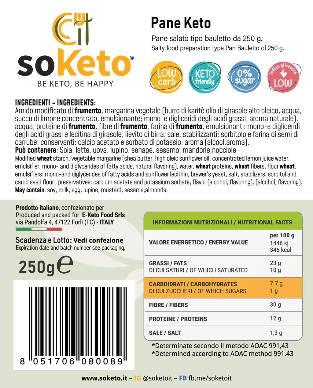 Pan Bauletto Keto Low Carb 12g Proteine 7,7 Carb per 100g - SOKETO Pane Proteico 30g Fibre Olio Cocco - Basso IG per Diabetici Tipo Sandwich - 250g