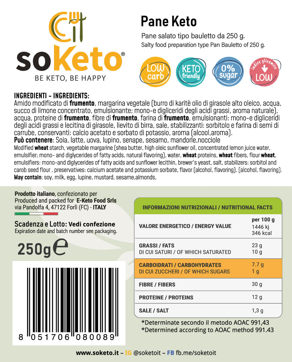 Pan Bauletto Keto Low Carb 12g Proteine 7,7 Carb per 100g - SOKETO Pane Proteico 30g Fibre Olio Cocco - Basso IG per Diabetici Tipo Sandwich - 250g